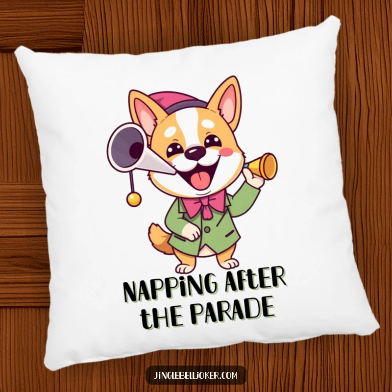 Funny Joker Dog Pillow: A dog dressed as a joker happily blows a horn, offering soft comfort and humor.
