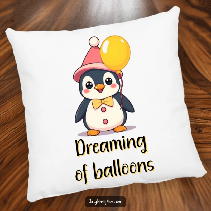Funny kawaii penguin clown holding a balloon, a soft decorative pillow bringing whimsical humor and cheerful comfort to any space.