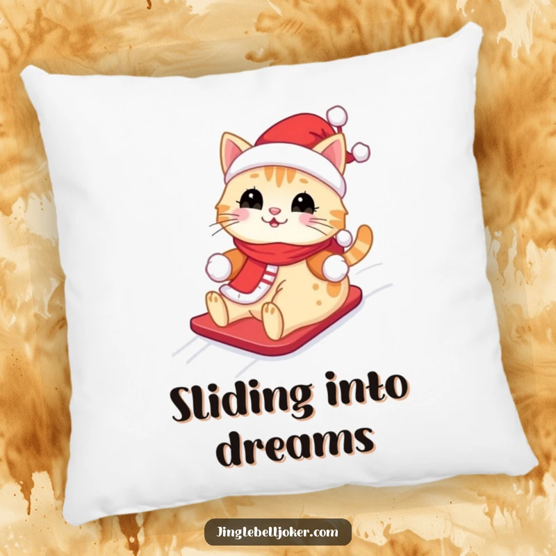Funny Kawaii Santa Cat Pillow: A cute cat in a Santa outfit, happily sliding down a snowy hill, perfect for lounging.