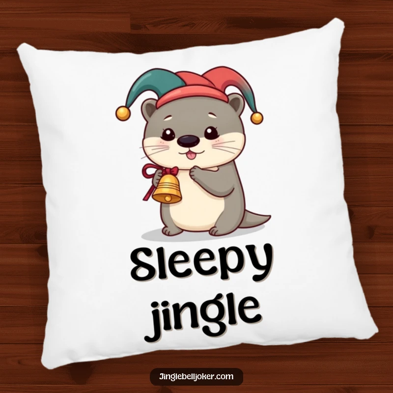 Funny Otter Jester Pillow, a cute otter in a jester hat ringing a miniature sleigh bell, providing soft comfort and humorous festive vibes.