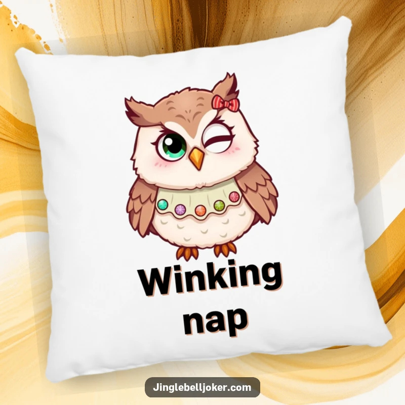 Funny pillow featuring an owl in a jester collar, humorously attempting a wink with holiday glitter, providing cozy and whimsical holiday decor.