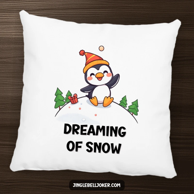 Funny pillow featuring a happy penguin in a jester hat sliding down a festive slope, perfect for adding a touch of humor.