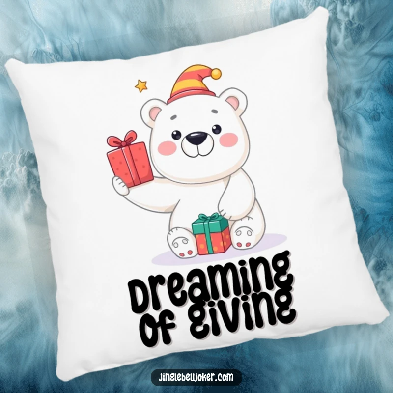 Funny plush pillow featuring a smiling polar bear in a jester hat, tossing presents, for comfortable and comical decor.