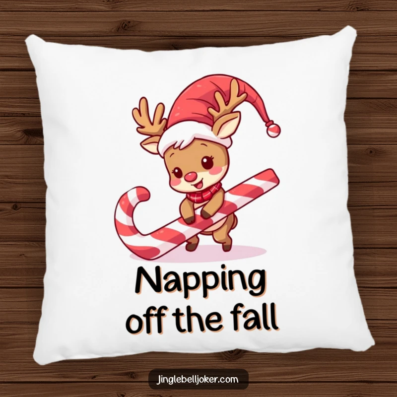 Funny Reindeer Jester Pillow: A comical reindeer in jester gear stumbles on a giant candy cane, adding humor to relaxation.