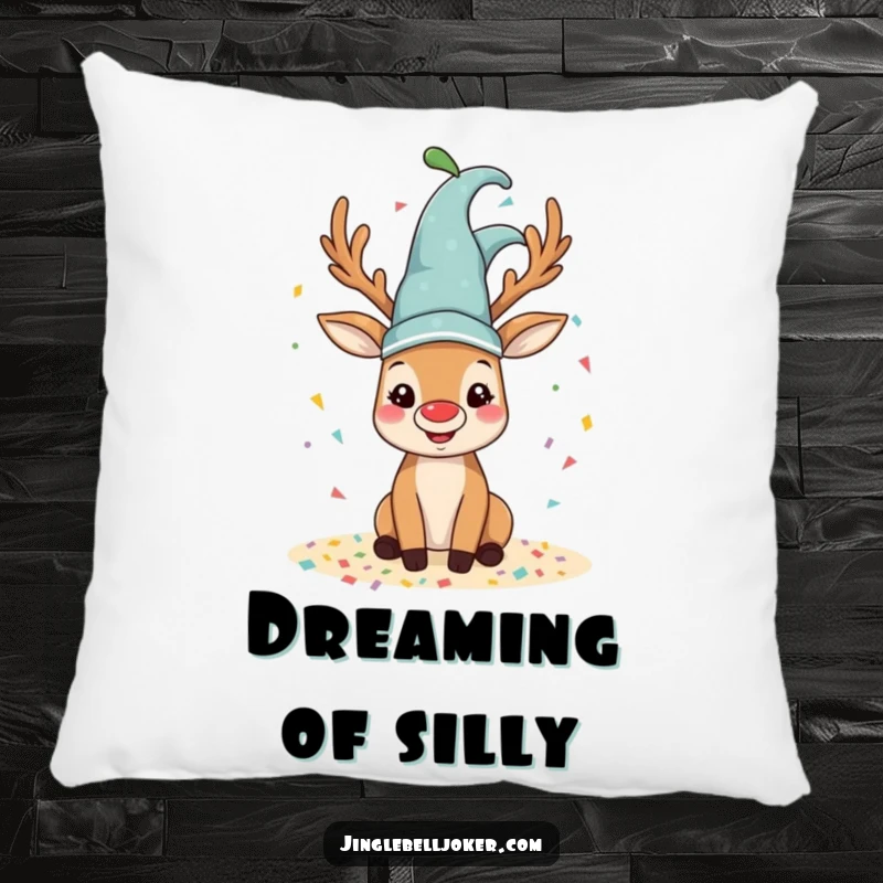 Funny reindeer pillow with a happy reindeer wearing a jester hat, spilling colorful confetti.