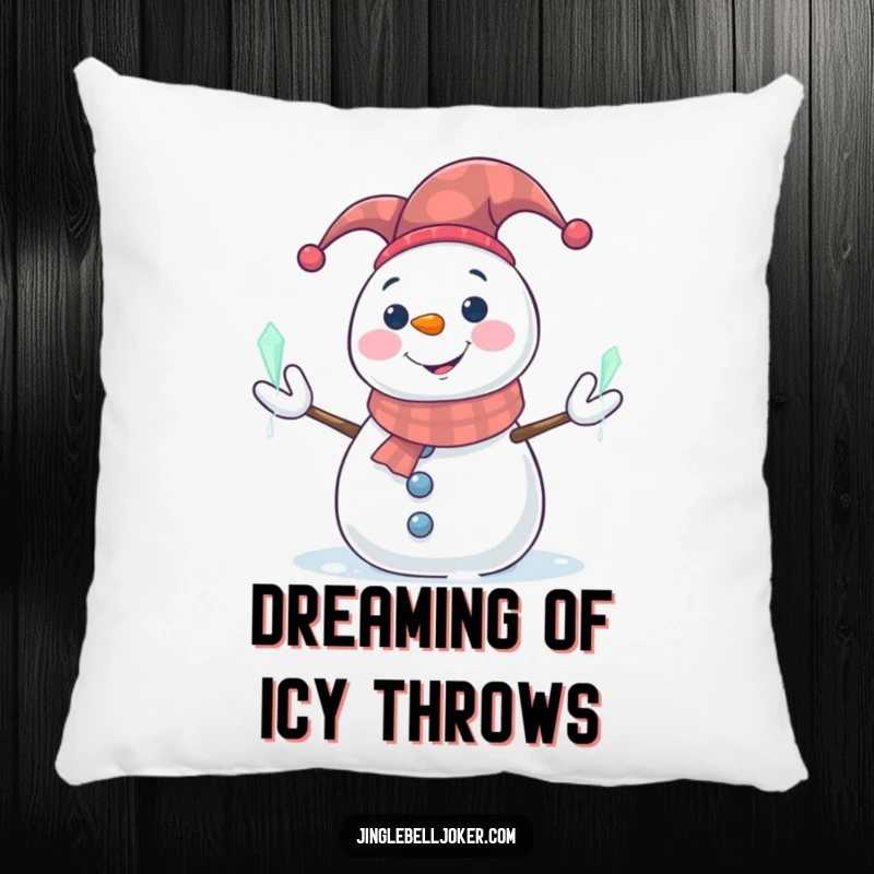 Funny Snowman Pillow: Smiling snowman in a jester hat juggling glowing icicles, soft and humorous.