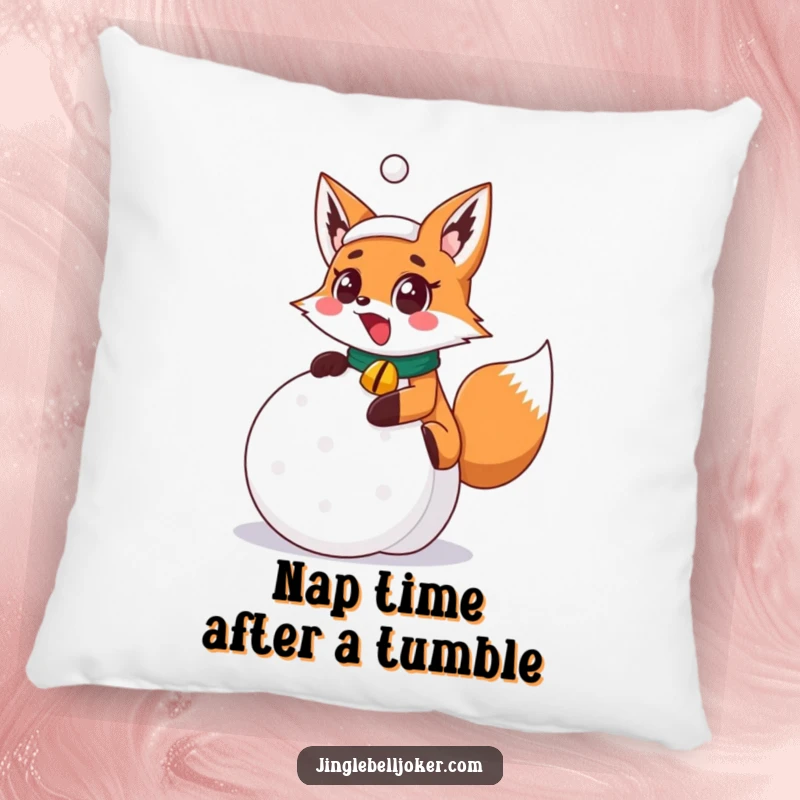 Funny surprised fox joker with jingle bell collar slipping on a festive snowball, adding cozy humor to this decorative pillow.