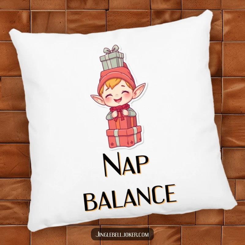 Funny pillow featuring a giggling elf character humorously balancing a stack of gifts on its head, offering cozy holiday humor.