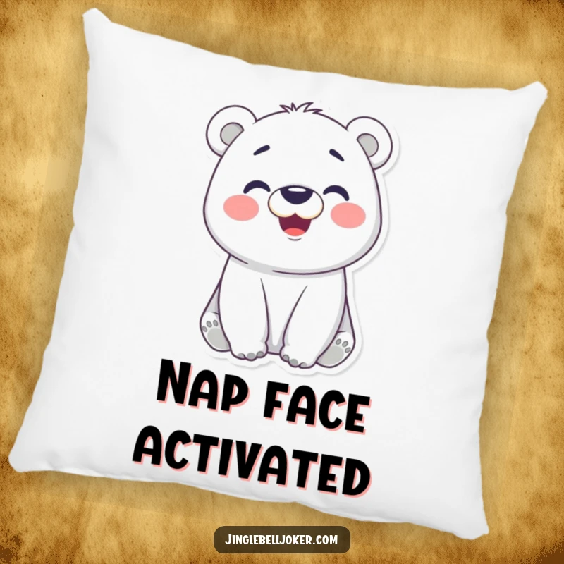 Funny pillow design of a cheerful polar bear with rosy cheeks making a funny face, perfect for adding humorous and cozy comfort.