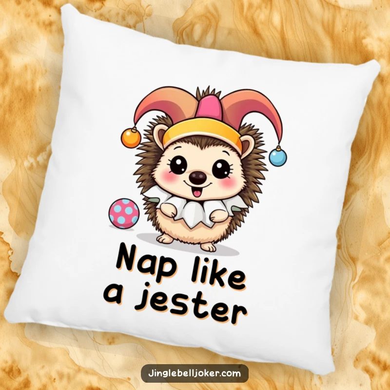 Funny Jester Hedgehog Pillow: A cheerful hedgehog wearing a jester ruff, playfully juggling ornaments, perfect for decor.