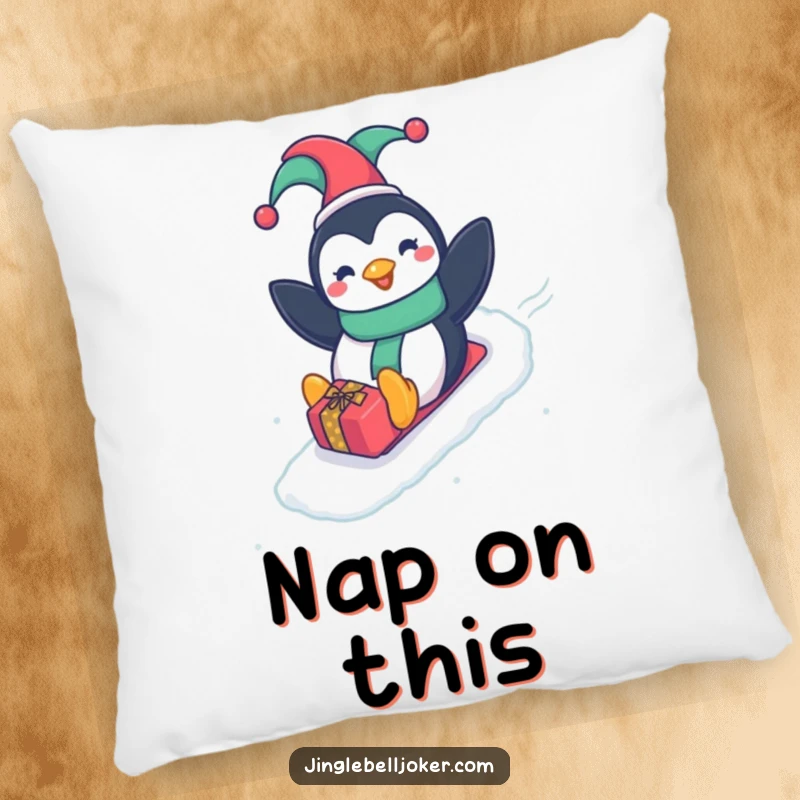 Funny Penguin Jester Pillow, featuring a happy penguin in a jester hat sliding down a gift-wrapped slope, soft and humorous.