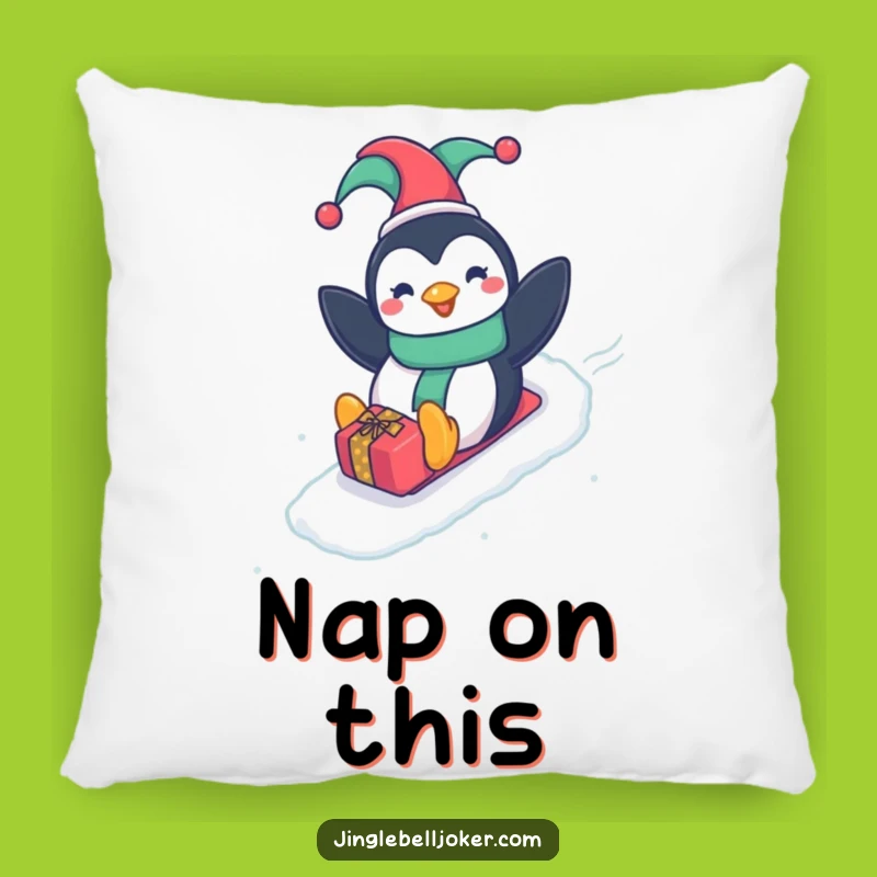 Funny Penguin Jester Pillow: Cozy Comfort Sliding Down Slope