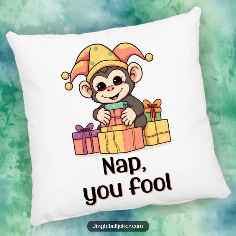 Funny Monkey Jester Pillow, a silly monkey dressed as a jester, stacking brightly wrapped presents, providing soft comfort and humorous vibes.