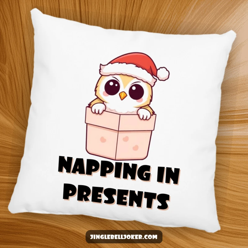 Funny Kawaii Owl Santa Pillow, featuring a cute owl peeking out of a gift box, perfect for festive comfort.