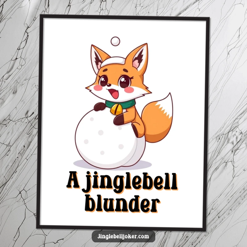 Funny surprised fox joker with jingle bell collar slipping on a festive snowball, a humorous digital artwork download for instant decor.