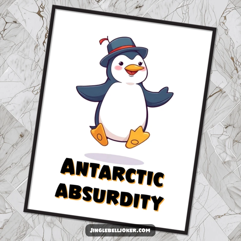 Funny penguin joker digital art print of a character in jester costume performing a silly jig with exaggerated, comical steps.
