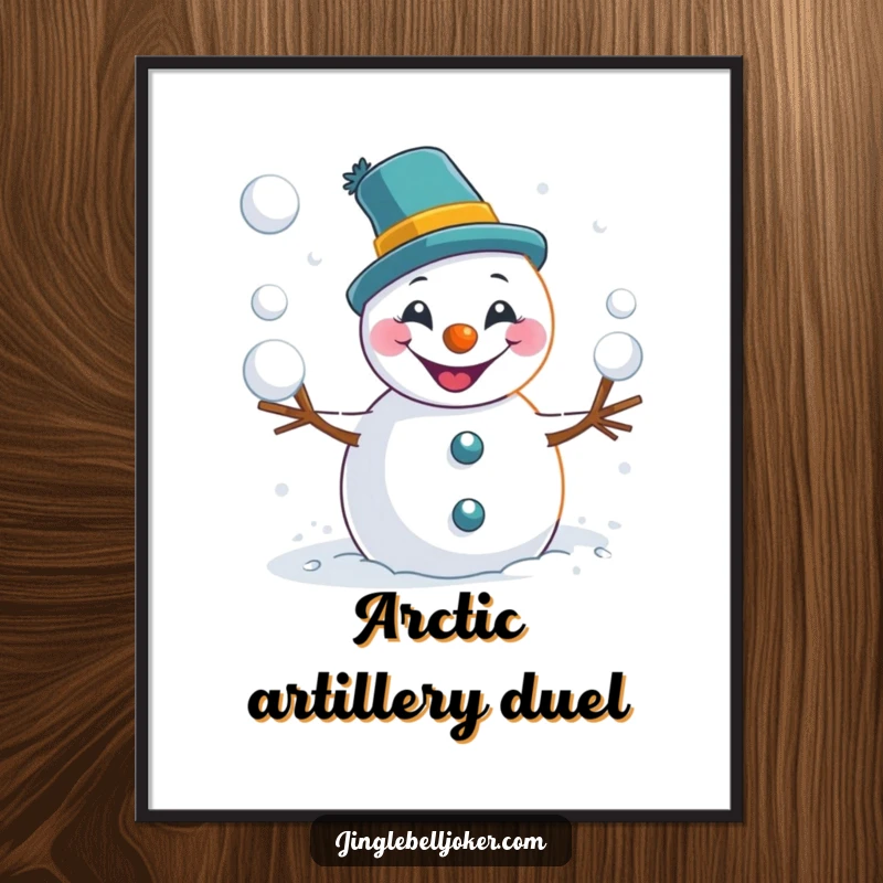 Funny snowman joker digital art print of a mischievous character actively tossing snowballs, embodying pure winter fun.