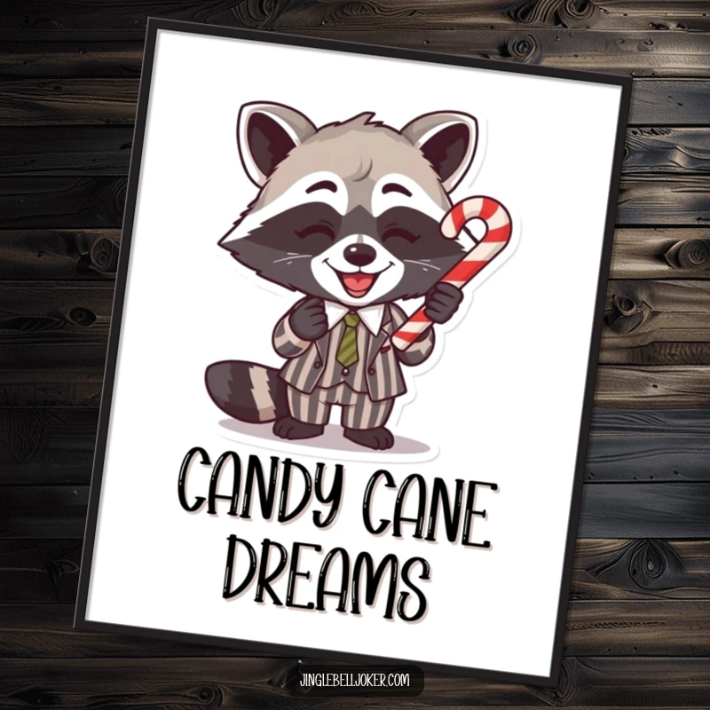 Funny Digital Art Print: A raccoon in a striped suit balances a candy cane, a whimsical holiday illustration.