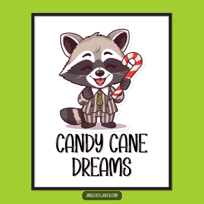 Funny Raccoon Candy Cane Art Print: Hilarious Holiday Cheer for Your Walls
