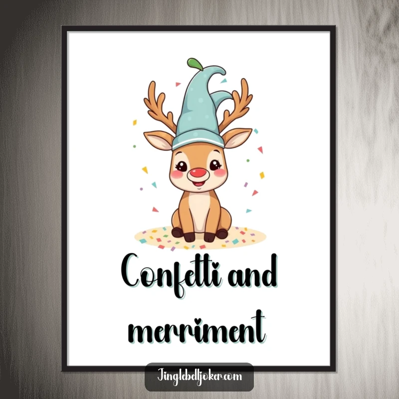 Funny reindeer digital art print of a happy reindeer wearing a jester hat, spilling colorful confetti.