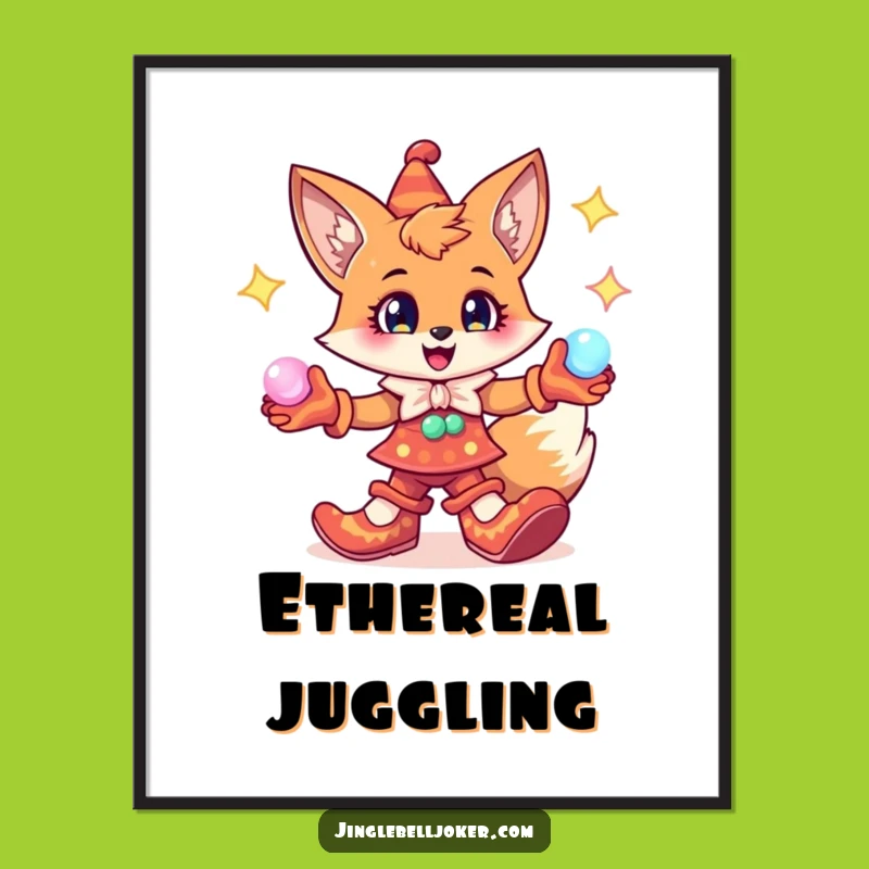Funny Fox Jester Digital Print: Cheerful Character Juggling Orbs - Enchanting Art