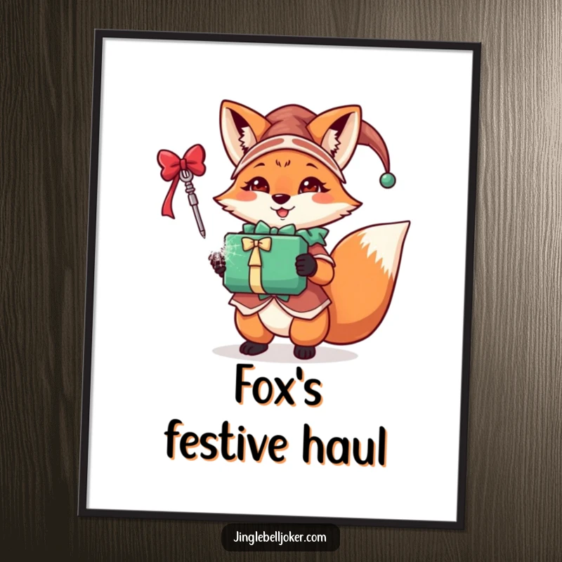 Funny fox jester digital art print of a festive character in jester attire holding a sparkling gift, radiating holiday joy.