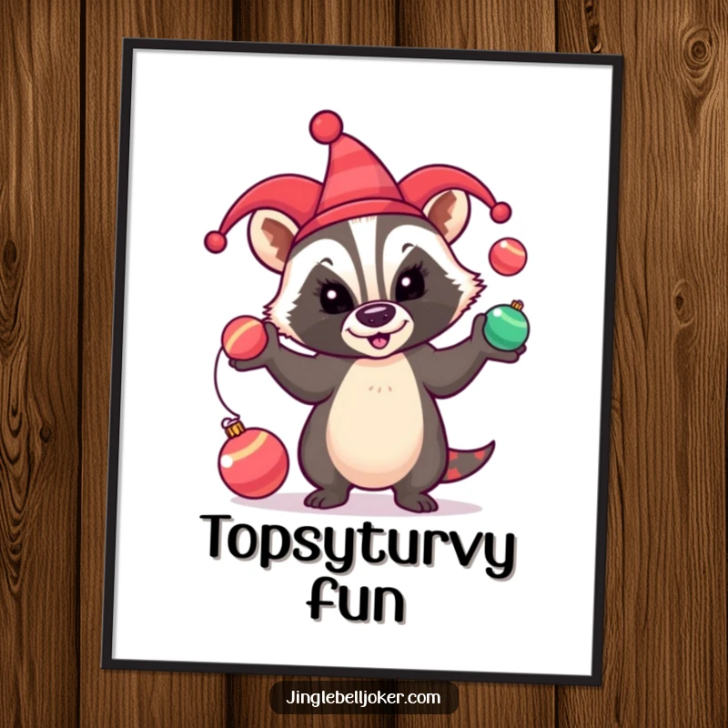 Funny Digital Art Print: A badger in a jester hat comically juggles festive baubles, a whimsical holiday illustration.