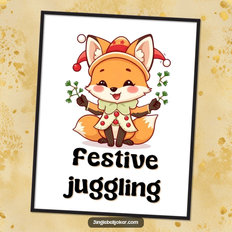 Funny Fox Jester Digital Art Print, a joyful fox in jester attire juggling mistletoe, for humorous holiday decor.