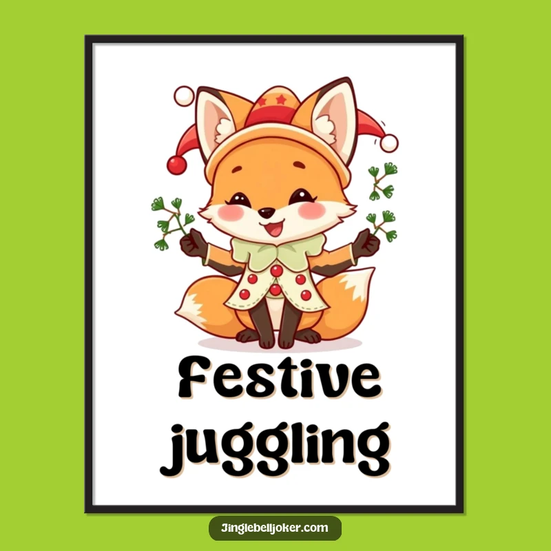 Funny Fox Jester Digital Art: Printable Holiday Cheer Juggling Festively