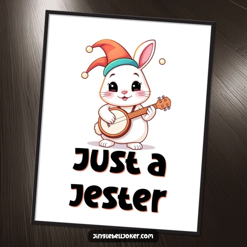 Funny digital art print of a round bunny in a jester hat, energetically playing a tiny banjo, radiating pure musical joy.