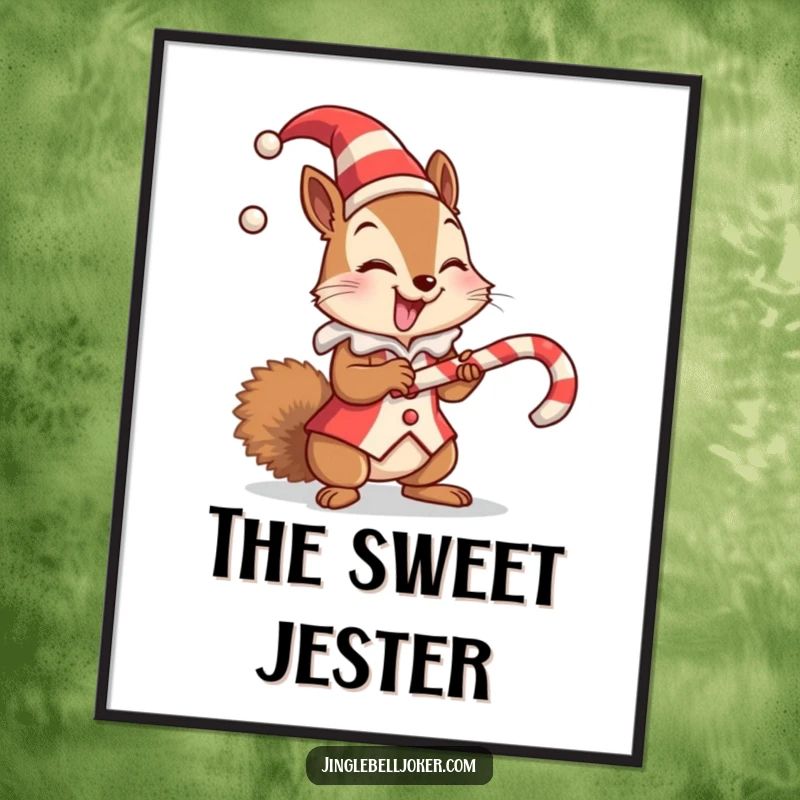 Funny digital art print of a giggling squirrel in a jester suit balancing a candy cane, perfect for humorous holiday decor.