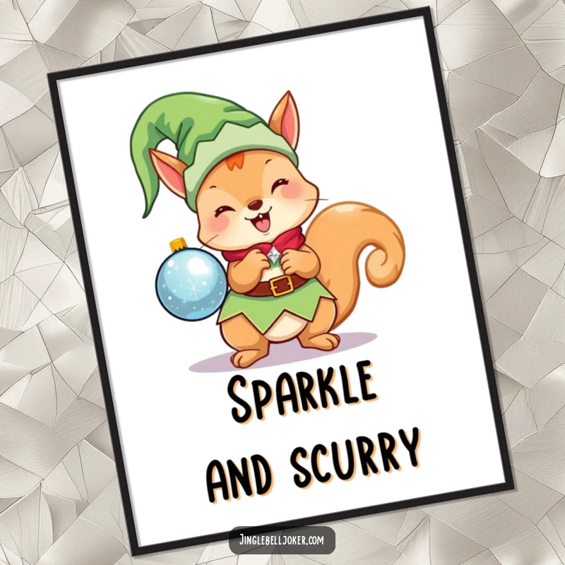 Funny Kawaii Elf Squirrel Digital Art Print: Cute Christmas character as an elf, excitedly holding a sparkling ornament, for festive wall art.