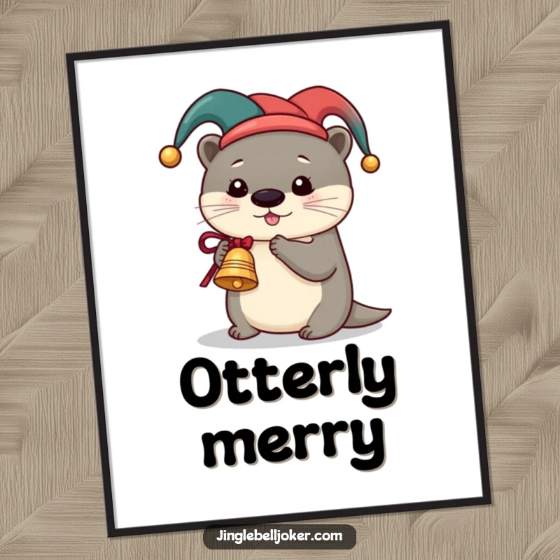 Funny Otter Jester Digital Art Print, a cute otter in a jester hat ringing a miniature sleigh bell, for humorous festive decor.
