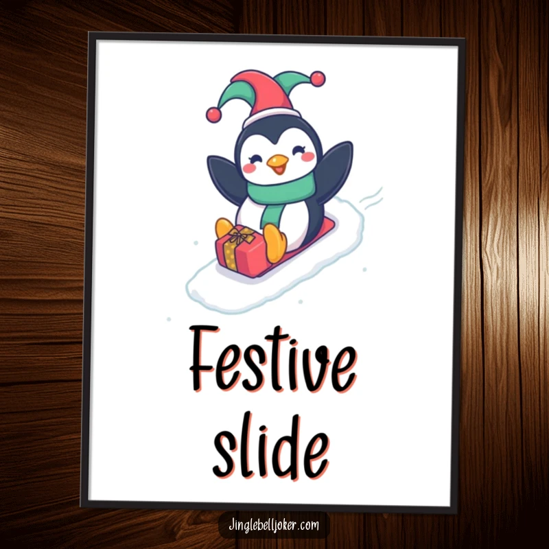 Funny Penguin Jester Digital Art Print, a happy penguin in a jester hat sliding down a gift-wrapped slope, for joyous decor.