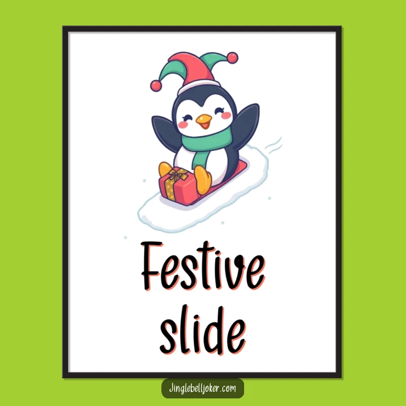 Funny Penguin Jester Digital Art: Printable Fun Sliding Down Slope