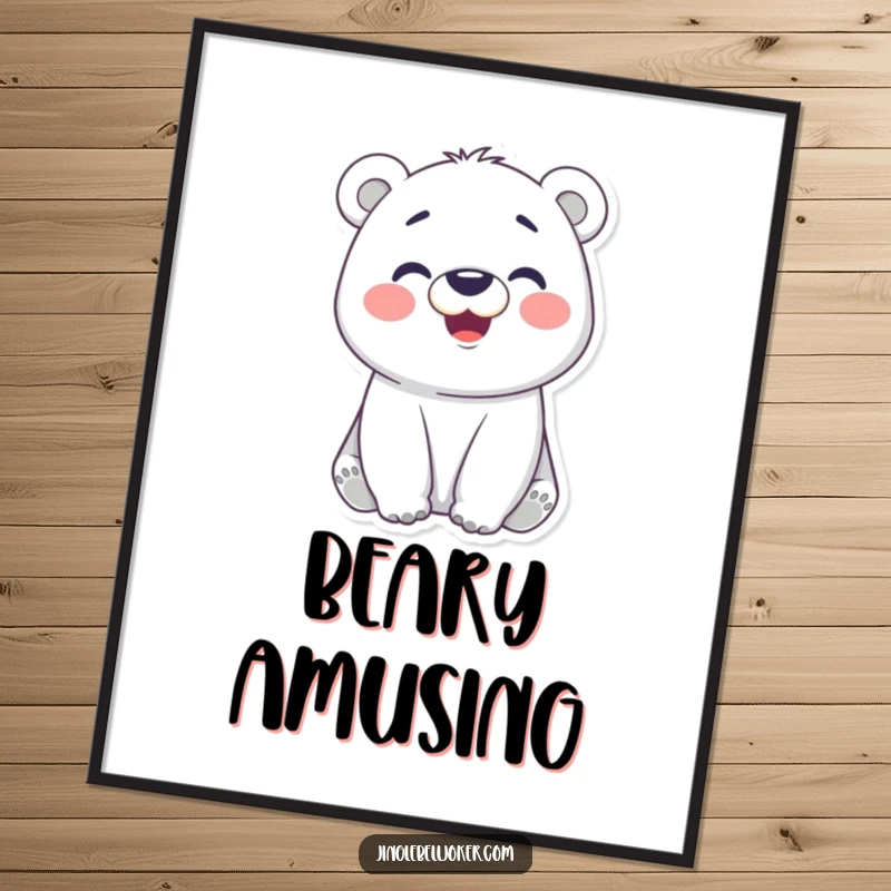 Funny digital art print of a cheerful polar bear character with rosy cheeks making a funny face, embodying pure silliness and joy.