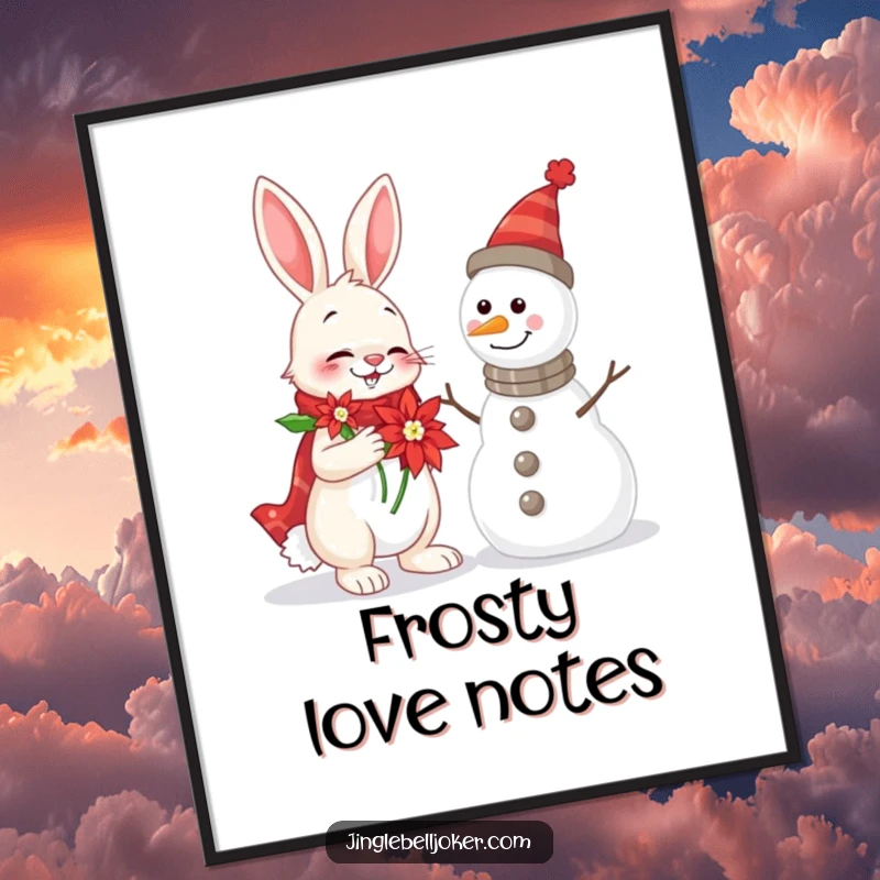 Funny Rabbit and Snowman Digital Art Print of a cheerful rabbit wearing a poinsettia serenading a snowman with holiday glee.