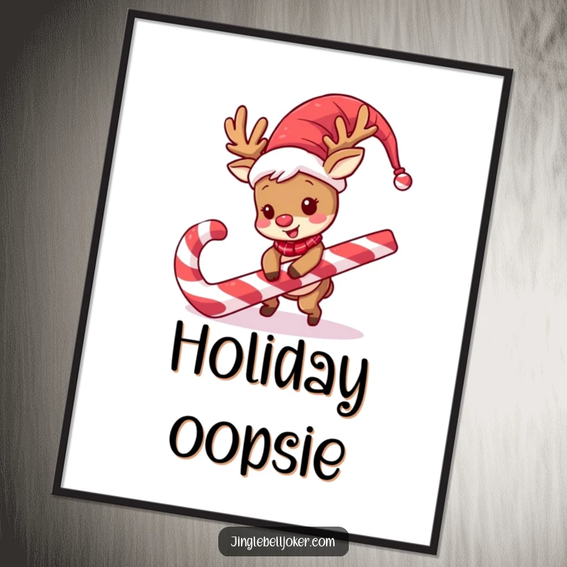 Funny Reindeer Jester Digital Art Print: A comical reindeer in jester attire stumbles over a large candy cane, for digital laughs.