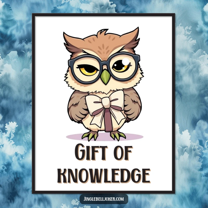 Funny Digital Art Print: An owl with spectacles comically tries to tie a gift bow, a charming illustration.