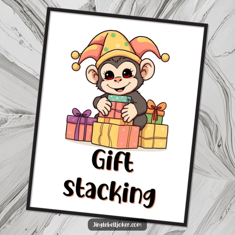 Funny Monkey Jester Digital Art Print, a silly monkey dressed as a jester, stacking brightly wrapped presents, for humorous decor.