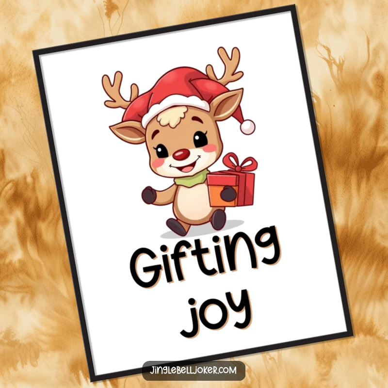 Funny digital art print of a grinning reindeer character in a jester hat, holding a gift, embodying holiday joy and playful spirit.