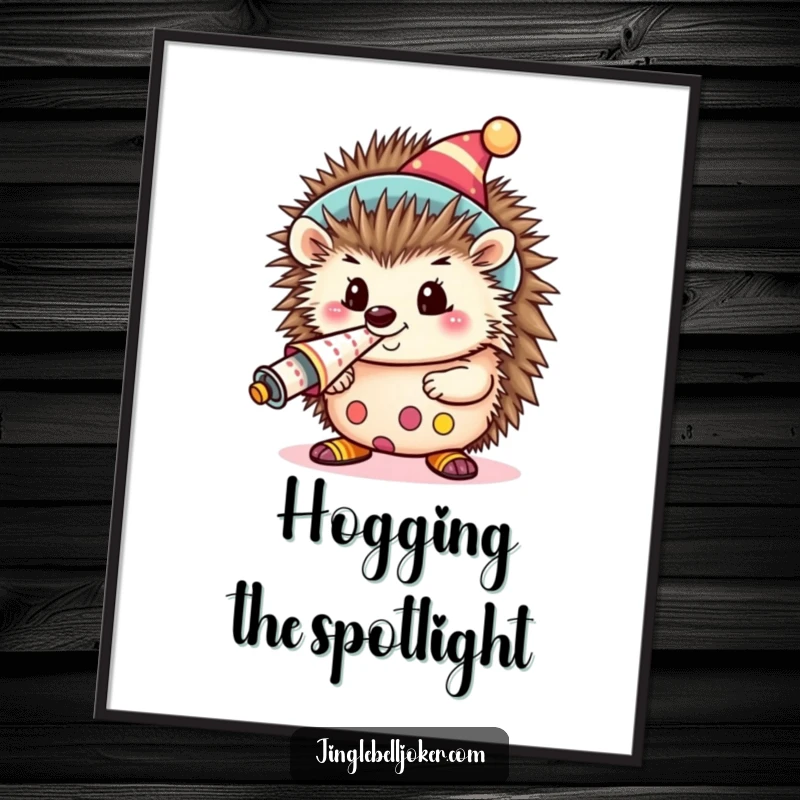 Funny Kawaii Clown Hedgehog Digital Art Print: A cute hedgehog dressed as a clown, blowing a loud party horn, for party wall art.