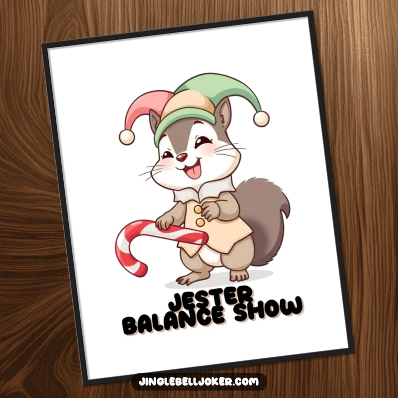 Funny digital art print of a giggling squirrel in a tiny jester suit, comically attempting to balance a candy cane, for instant whimsical decor.
