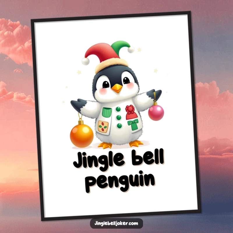 Funny digital art print of a fluffy penguin in a jester hat juggling Christmas baubles, capturing festive fun and playful spirit.