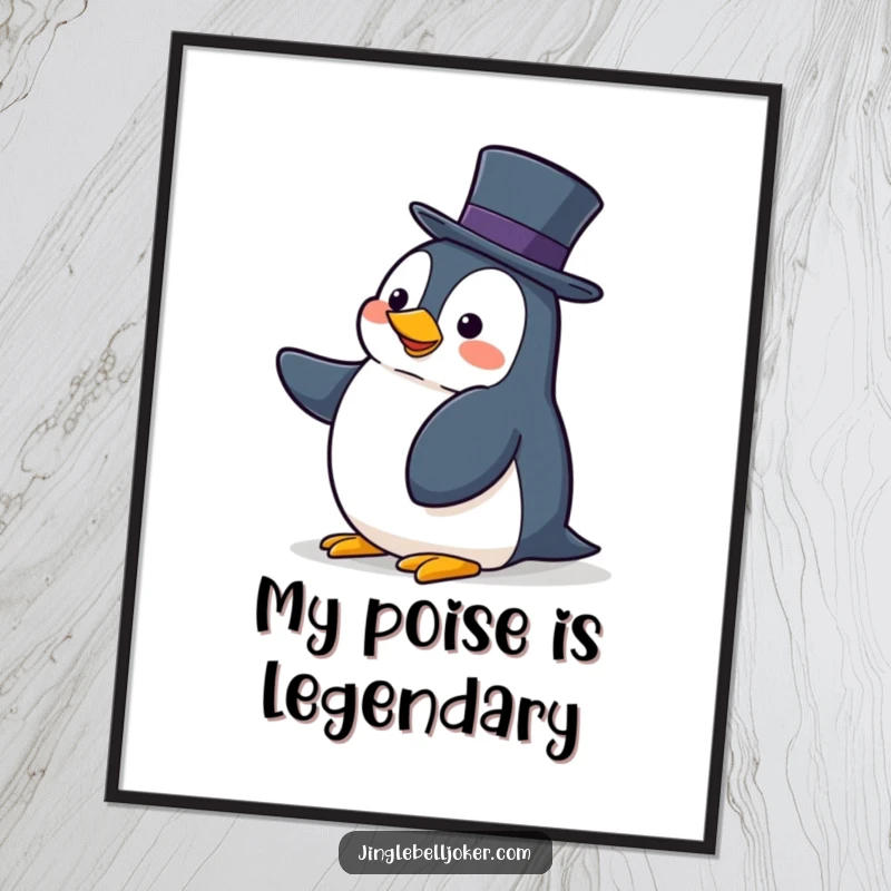 Funny digital art print of a clumsy penguin hilariously trying to balance a tall hat, ideal for playful decor.