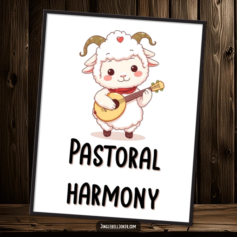 Funny Sheep Jester Digital Art Print: Fluffy sheep character with a jester collar, playing a tiny festive lute, whimsical art.