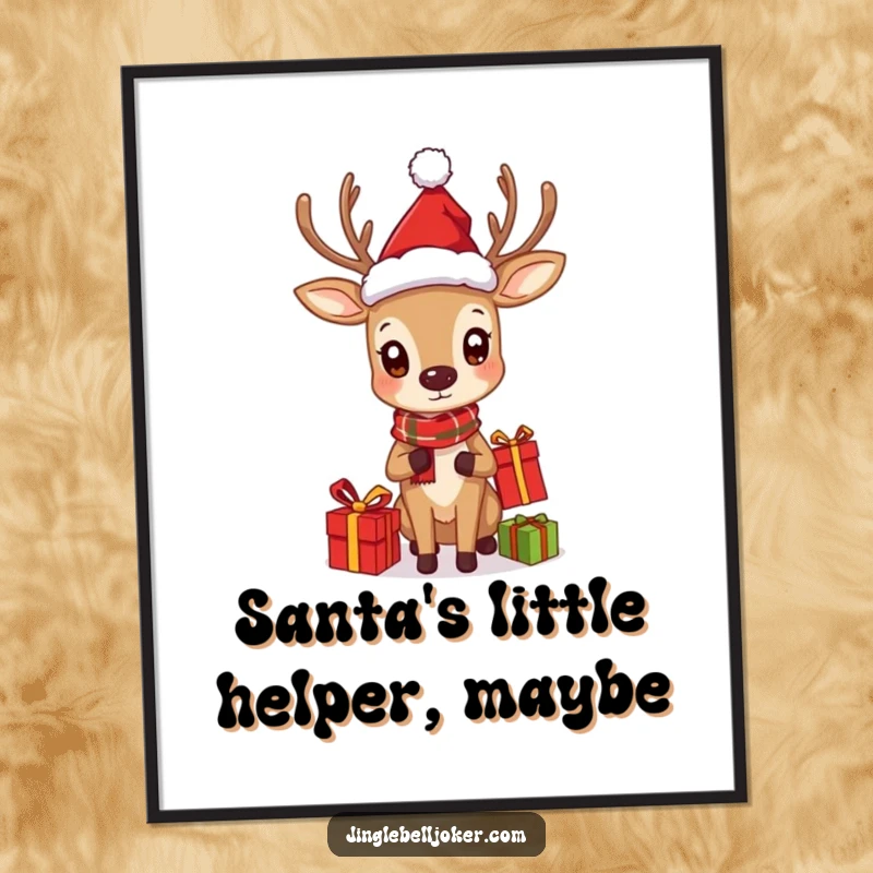 Funny digital art print of a deer wearing a Santa hat curiously juggling gifts, ideal for instant holiday decor.