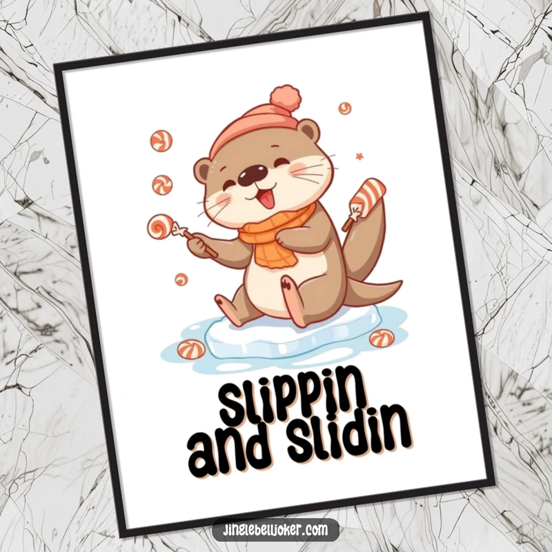 Funny digital art print depicting a cute otter character comically slipping on ice whilst juggling festive candies, bursting with humor.