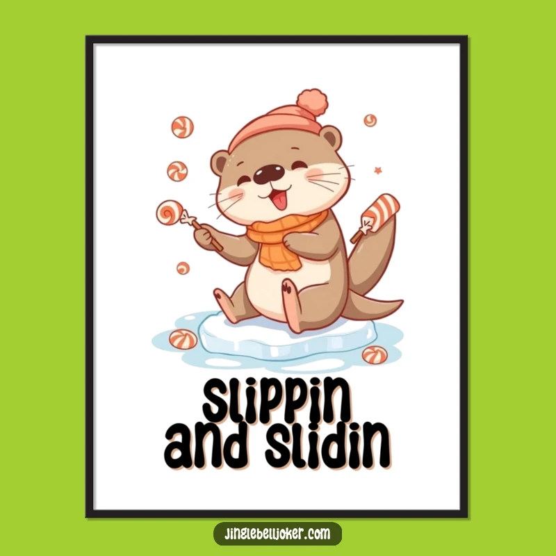 Funny Otter Ice Slip Digital Art: Festive Candy Juggling Print, Hilarious Gift