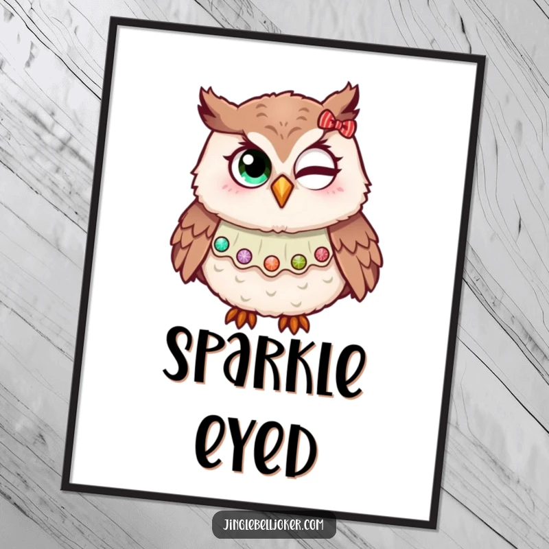 Funny digital art print of an owl in a jester collar, humorously attempting a wink with holiday glitter, ideal for festive and amusing decor.
